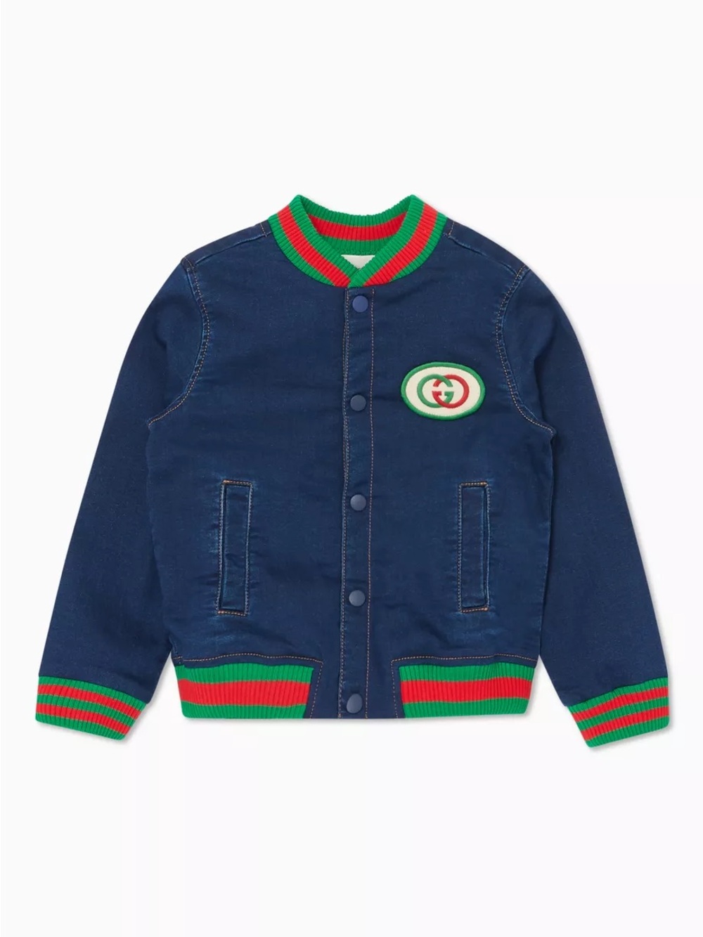 Gucci Kids Baby Navy Bomber Denim Jacket with Green-Red Trim Size 12-18 Months